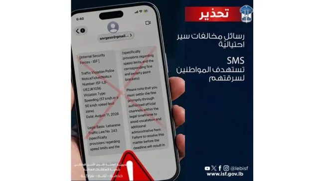 قوى الأمن حذرت المواطنين من رسائل وهمية عن مخالفات سير صادرة عنها